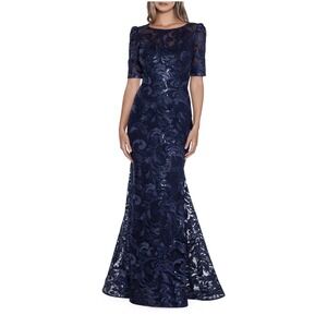 Xscape Women Blue Sequined Ball Gown 4507 Size‎ 6 Floral Trumpet Mother Of Bride
